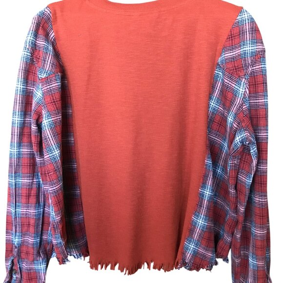 Reworked Flannel Shirt, M-L: Upcycled Oversized Rust Waffle Knit Top, Fringy Hem - Picture 10 of 13
